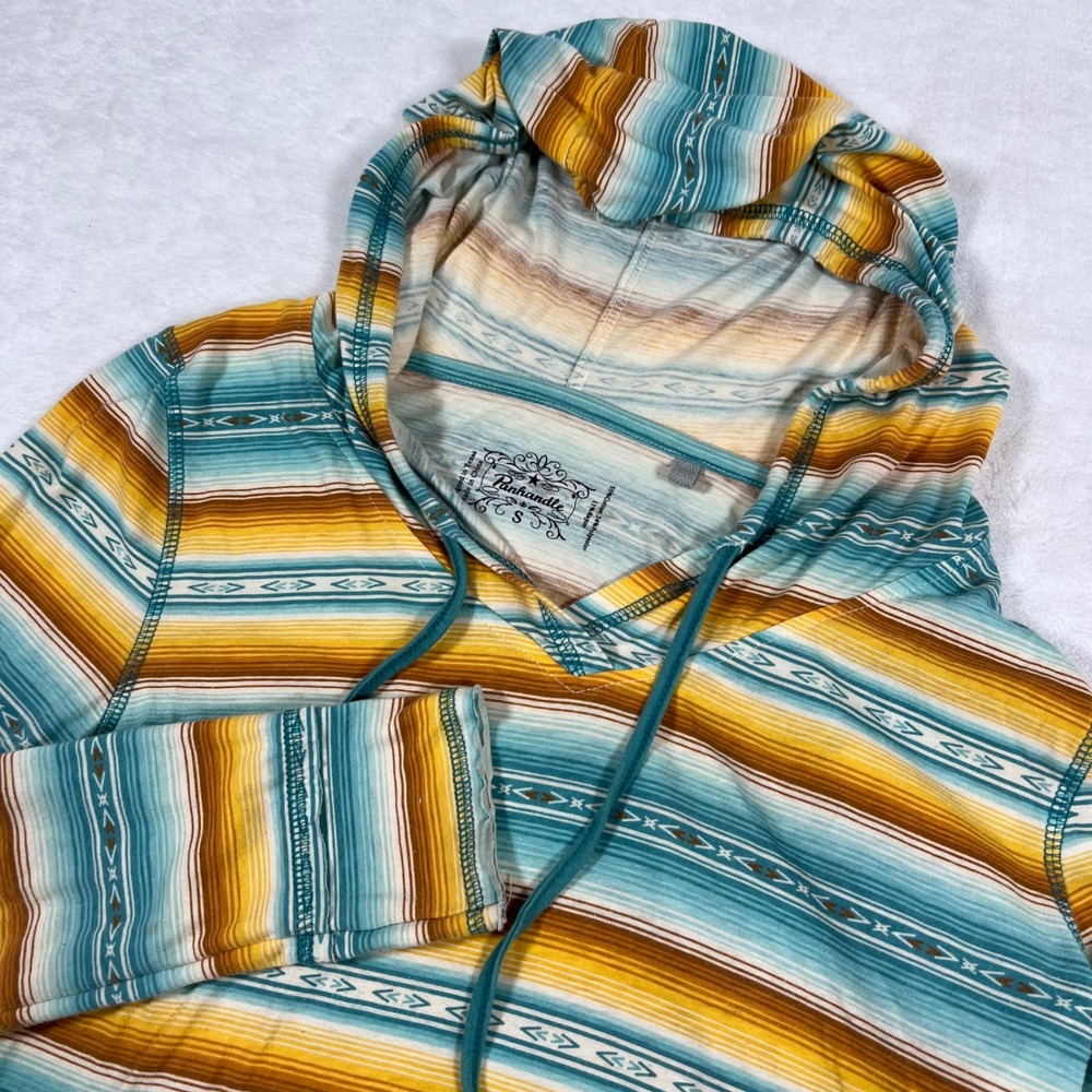 Panhandle‎ Serape Stripe Hoodie Aztec Western Pullover Top Teal Gold Small